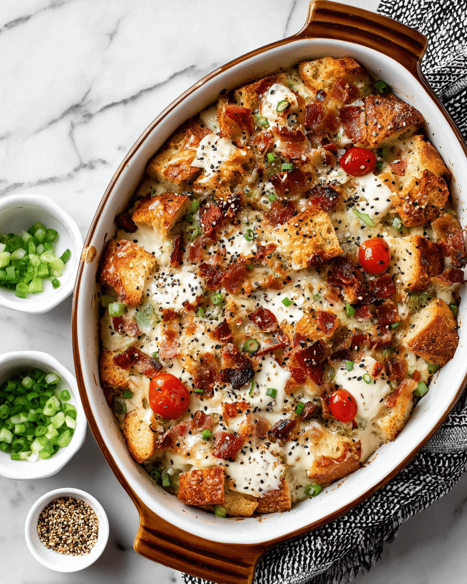 The dish is a baked casserole in a white oval baking dish with a brown rim and handles. It has multiple layers starting with chunks of toasted golden-brown bread, scattered evenly throughout. On top, there are creamy white dollops of melted cheese, browned crispy bits of bacon, small pieces of red cherry tomato, and diced green bell pepper. The surface is sprinkled with seasoning seeds and black pepper, giving it a textured look. The casserole sits on a white marbled surface with small white bowls nearby, one filled with chopped green onions and the other with a seed seasoning mix. A patterned black-and-white cloth is partly visible on the side. Photo taken with an iphone --ar 4:5 --v 7