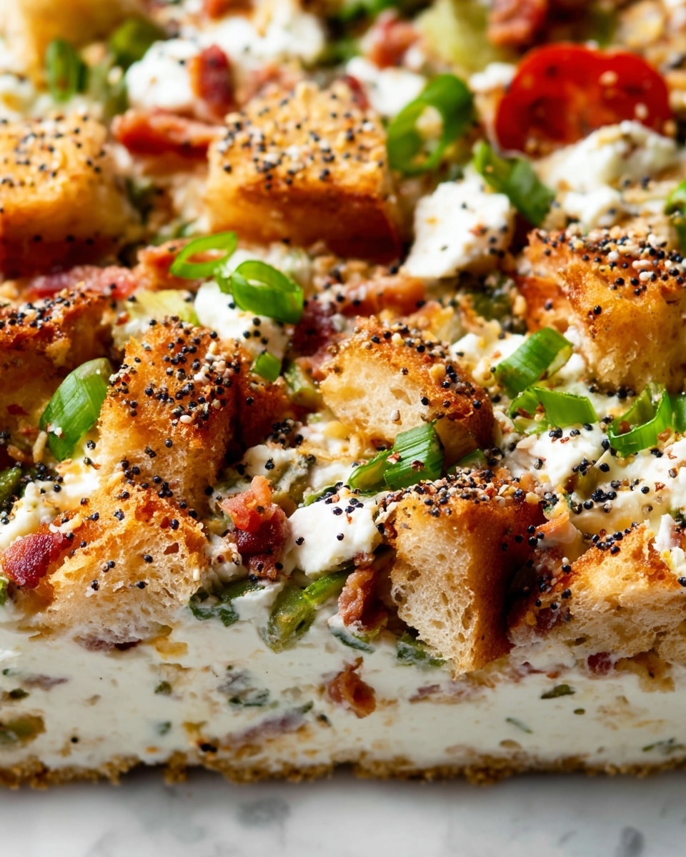 Close-up image of a creamy layered dip featuring three main layers: the bottom layer is soft and creamy white, likely a cheese or sour cream base; the middle layer shows chunks of golden-brown toasted bread pieces sprinkled with black and white seeds; the top layer includes bright green chopped scallions, small red tomato pieces, and creamy white dollops, possibly soft cheese, scattered evenly. The texture ranges from smooth cream to crunchy bread with a mix of fresh vegetable bits, all resting on a white marbled background. photo taken with an iphone --ar 4:5 --v 7