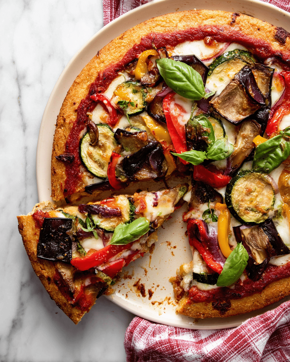 A pizza with one slice slightly pulled out, showing a thick, golden-brown crust as the base layer, topped with a red tomato sauce layer spread evenly. On top of that is a melted white cheese layer, covering the surface under a mix of colorful grilled vegetables including dark purple eggplant slices, green zucchini, red and yellow bell peppers, and red onion pieces scattered all around. Bright green fresh basil leaves are placed on top, adding a fresh touch. The pizza is served on a white plate with some crumbs around the edges, all set on a white marbled surface with a red and white checkered cloth nearby. photo taken with an iphone --ar 4:5 --v 7