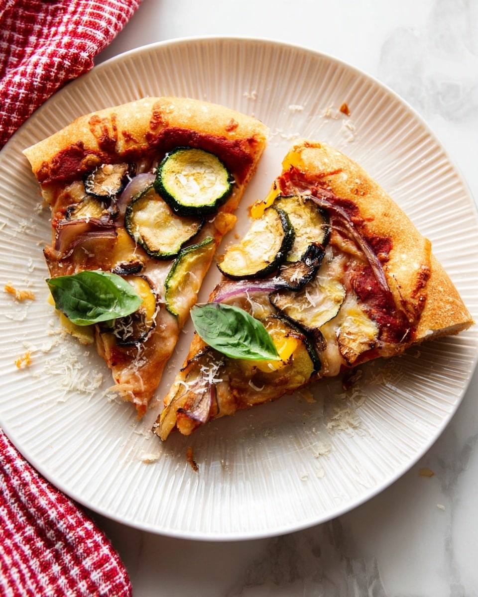 Two slices of vegetable pizza rest on a white plate with a fine ridged pattern. Each slice has a golden brown crust that looks thick and slightly crisp. The first layer is a red tomato sauce spread evenly close to the crust. On top, there is a melted light yellow cheese layer covering the base. Slices of roasted green zucchini and purple eggplant are scattered on the cheese along with pieces of cooked yellow bell pepper and red onion. The pizza slices are garnished with a few dark green fresh basil leaves, creating a contrast on the warm colors below. Some grated cheese bits are sprinkled on the plate near the pizza. The plate sits on a white marbled surface next to a red and white checkered cloth partially visible on the left edge. photo taken with an iphone --ar 4:5 --v 7