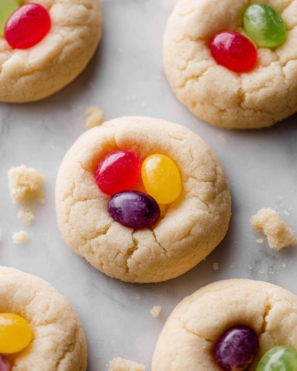 The image shows soft, round cookies with a light beige color and a slightly bumpy texture. Each cookie has a shallow well in the center filled with three small jelly beans in bright colors—red, yellow, purple, and green—arranged close together. The cookies are placed directly on a white marbled surface with some crumbs scattered around. The overall look is simple and colorful, with the jelly beans adding a shiny, smooth contrast to the soft, matte cookies. photo taken with an iphone --ar 4:5 --v 7