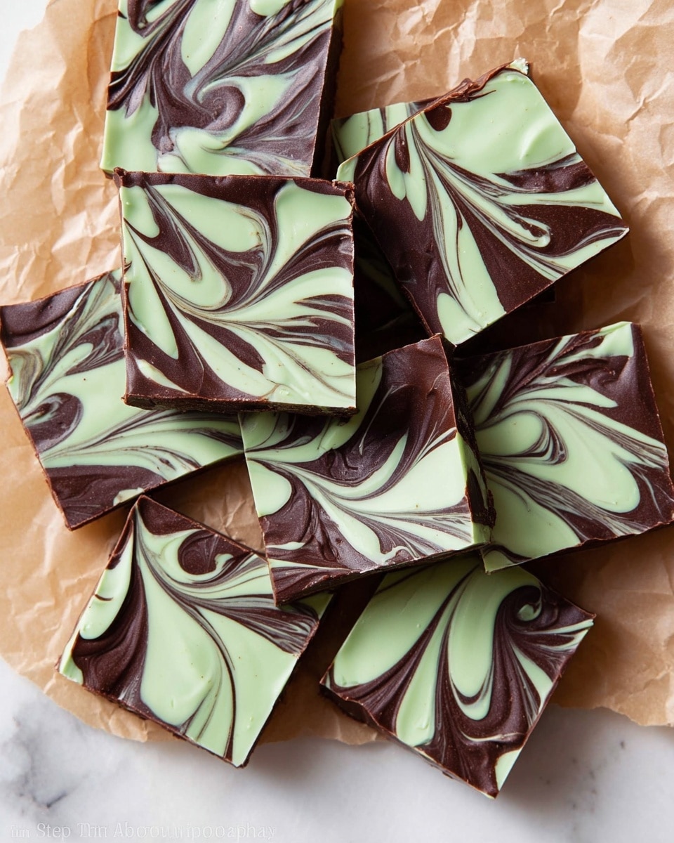 The image shows about ten square-shaped pieces of chocolate bark with two visible layers: a smooth dark brown chocolate base and a top layer of pale green chocolate with dark brown swirls creating a marbled effect. The pieces have clean edges, arranged casually on crinkled light brown parchment paper over a white marbled surface. The texture of the pieces looks glossy and smooth, with some pieces overlapping slightly. photo taken with an iphone --ar 4:5 --v 7