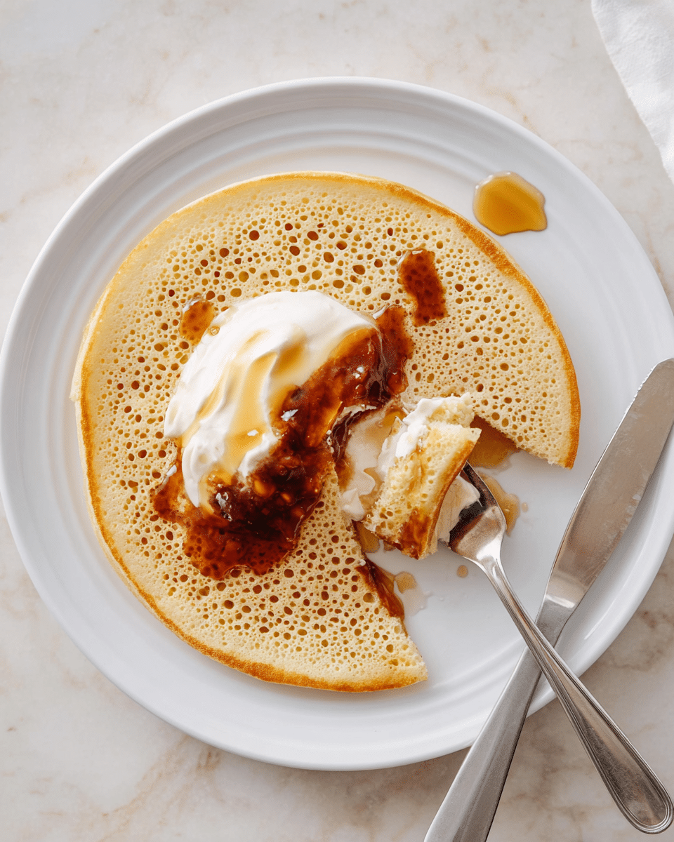 A single round, pale golden pancake with many small holes covers a white plate, with a small quarter piece cut out and held on a fork to the side. On top of the pancake, there is a dollop of smooth white cream, over which a thick, dark reddish-brown sauce is spread. Light golden syrup is drizzled over the toppings and some syrup drips onto the plate and near a silver knife lying on the right edge of the plate. The background is a white marbled surface. photo taken with an iphone --ar 4:5 --v 7