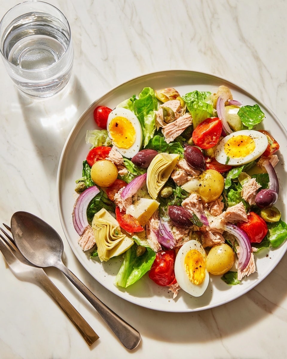 A round white plate holds a colorful layered salad with a base of fresh green lettuce leaves. On top, there are quartered boiled eggs with bright yellow yolks, sliced red onion rings, halved cherry tomatoes in red, and pieces of light pink tuna. Scattered among these are small cream-colored baby potatoes, dark purple olives, and artichoke hearts with a pale yellow hue. The salad is sprinkled with coarse black pepper. Beside the plate on a white marbled surface are a silver fork and spoon, with a clear glass of water casting soft reflections nearby. Photo taken with an iphone --ar 4:5 --v 7