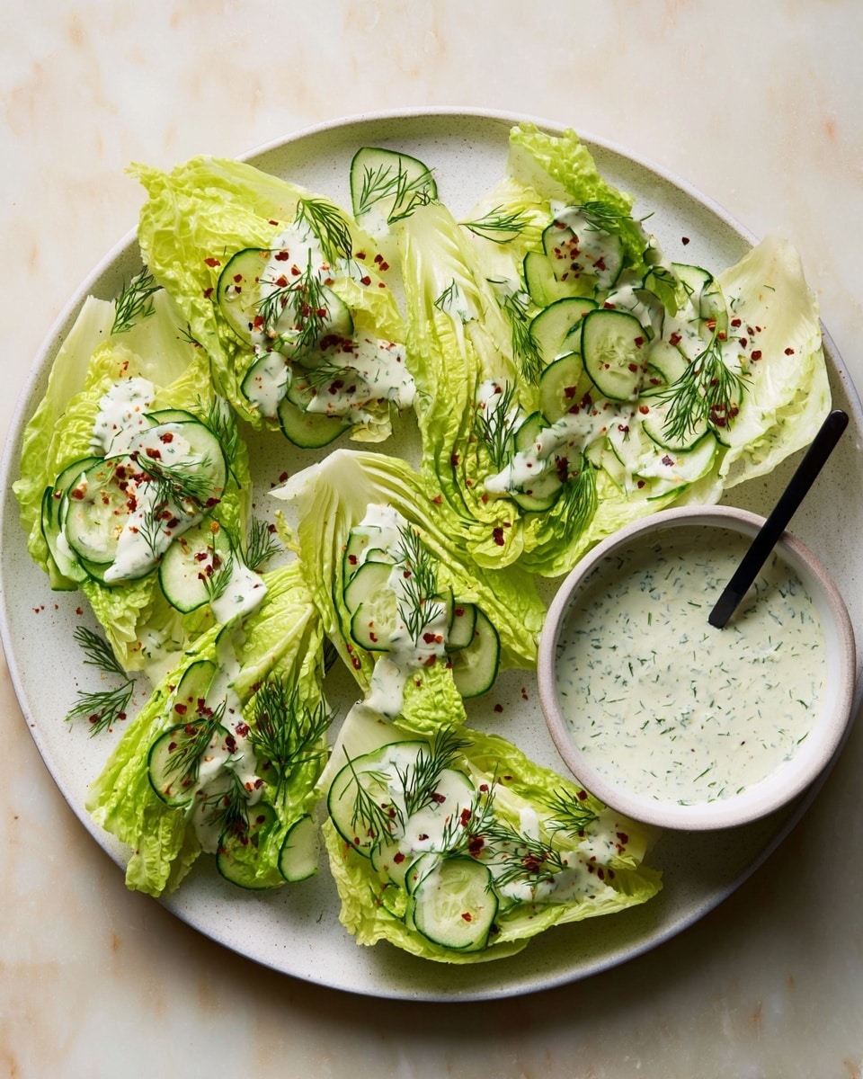 The image shows a white plate with six wedges of pale green lettuce, each topped with thin, translucent cucumber slices and small sprigs of fresh dill. A light cream-colored dressing with green herb flecks is drizzled over the lettuce wedges, creating a creamy texture on top. Red pepper flakes are sprinkled lightly, adding small red accents. To the right side of the plate is a white bowl filled with the same creamy herb dressing, with a small black spoon inside. The plate is set on a white marbled surface. photo taken with an iphone --ar 4:5 --v 7