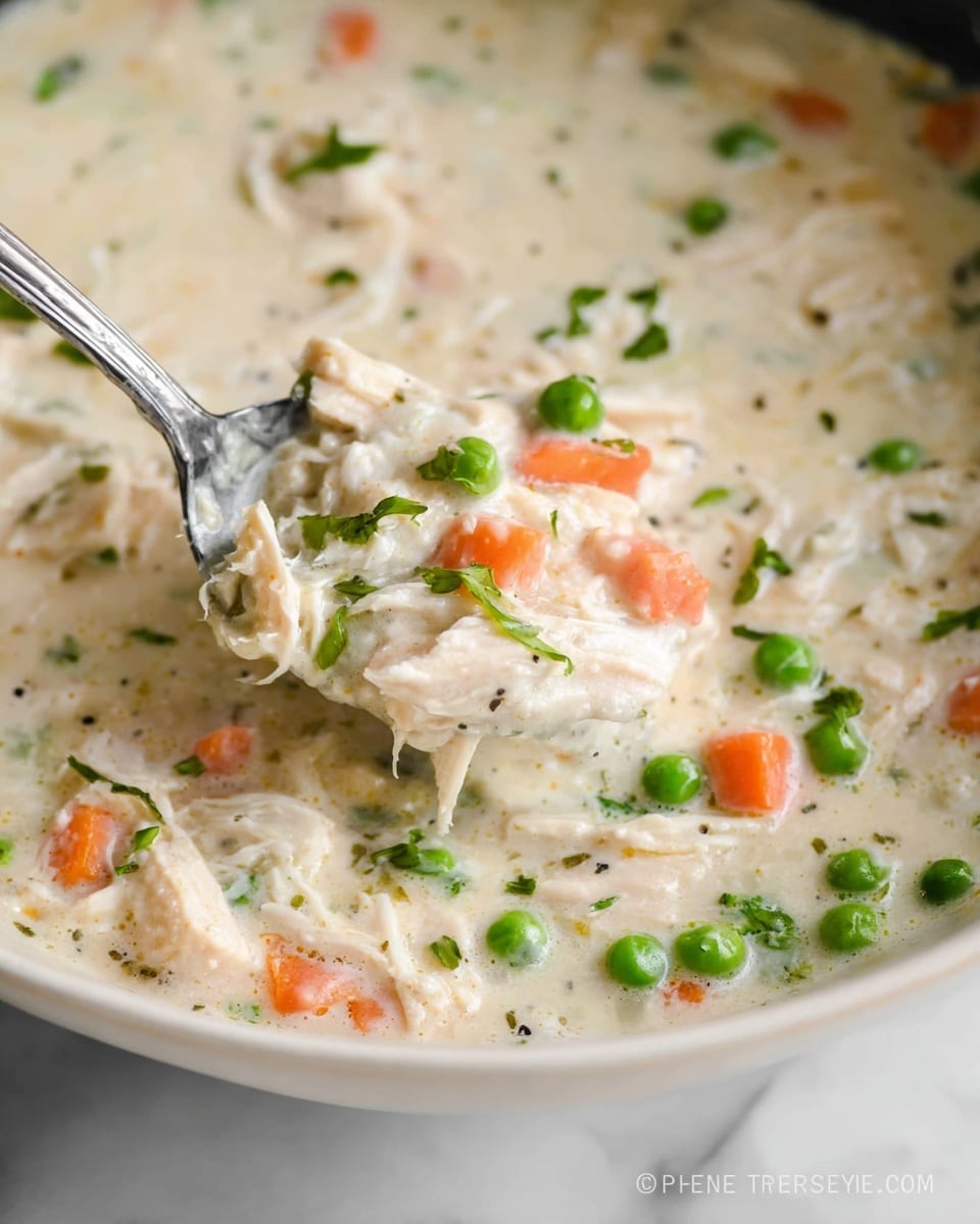 A close-up view of a creamy chicken and vegetable soup showing multiple layers of texture and color in a white bowl placed on a white marbled surface. The base layer is thick, white, and smooth creamy broth. Mixed in are soft chunks of white shredded chicken, bright orange diced carrots, and vibrant green peas, giving the dish a colorful contrast. Small bits of chopped green herbs are sprinkled on top for added color and texture. A silver spoon is scooping a portion of the soup, with some of the creamy broth dripping with the vegetables and chicken pieces visible clearly. photo taken with an iphone --ar 4:5 --v 7