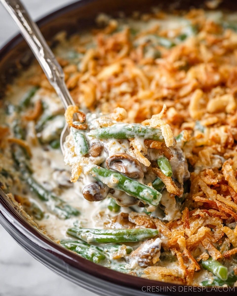 This image shows a close-up of a creamy casserole dish made with green beans. The dish has three main layers: the bottom and middle layers include soft green beans in a thick, white sauce with a smooth texture mixed with bits of mushrooms, while the top layer is golden brown crispy fried onions scattered on the surface. A silver spoon scoops a portion from the casserole, showing the creamy sauce blending well with the green beans and the crunchy onion topping. The casserole is held in a dark-colored round dish, all set on a white marbled surface. photo taken with an iphone --ar 4:5 --v 7
