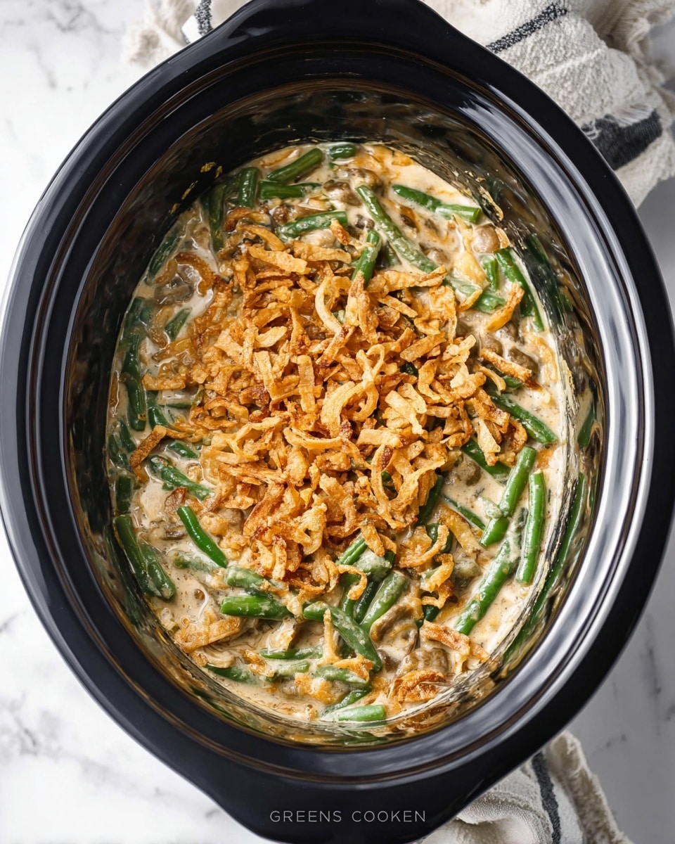 The image shows a creamy green bean casserole inside a black slow cooker. The casserole has visible vibrant green bean pieces mixed with a thick creamy sauce. On top, there is a layer of golden-brown crispy fried onions spread evenly, adding a crunchy texture. The casserole looks rich and thick with a mix of soft and crunchy parts. The slow cooker sits on a white marbled surface, with a white and grey cloth partially visible in the background. Photo taken with an iphone --ar 4:5 --v 7
