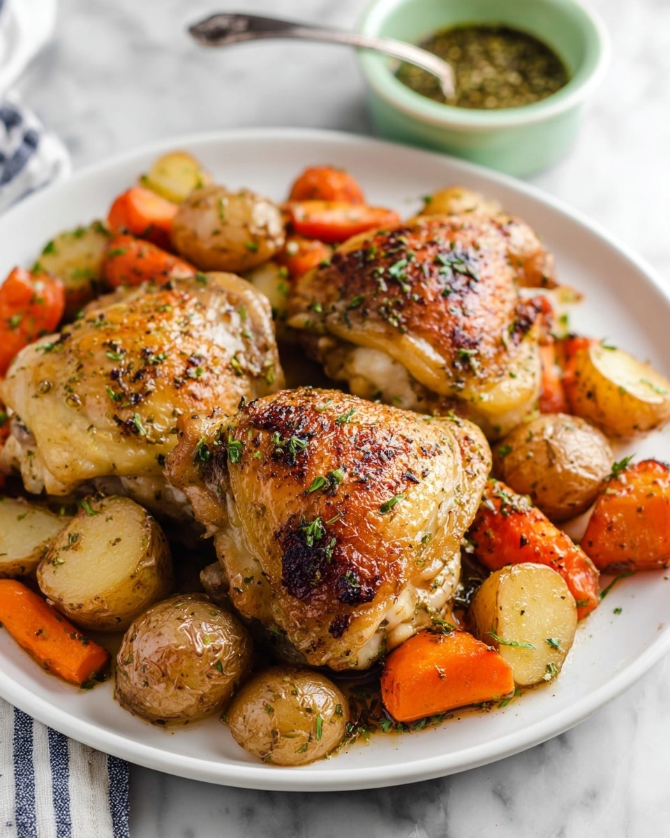 A white plate holds three golden brown roasted chicken thighs with crispy, slightly charred skin sprinkled with finely chopped green herbs. Underneath and around the chicken are chunky pieces of roasted carrots, baby potatoes cut in half, and other small potatoes, all showing a golden and slightly browned texture. In the background, there is a small light green bowl with a spoon resting inside, filled with a herb and spice mixture. The entire scene is set on a white marbled surface. photo taken with an iphone --ar 4:5 --v 7