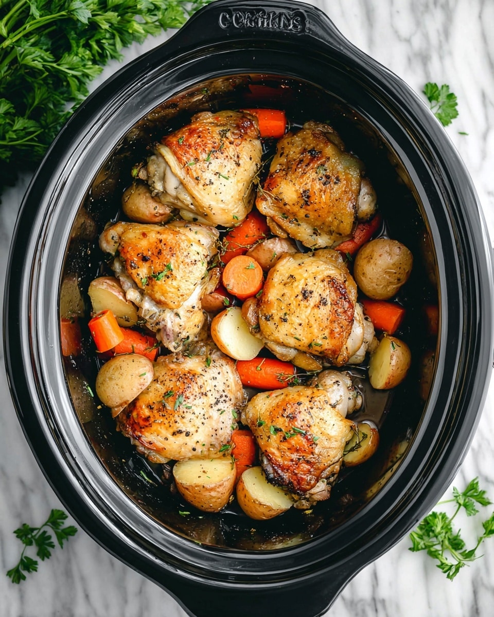 The image shows a black slow cooker filled with five pieces of golden-brown roasted chicken thighs arranged on top. Beneath the chicken thighs is a layer of vegetables consisting of light brown halved baby potatoes and bright orange carrot slices. The chicken has a crispy texture with some darker roasted spots and is sprinkled lightly with black pepper and herbs. The slow cooker is placed on a white marbled surface with a few sprigs of fresh parsley nearby. Photo taken with an iphone --ar 4:5 --v 7