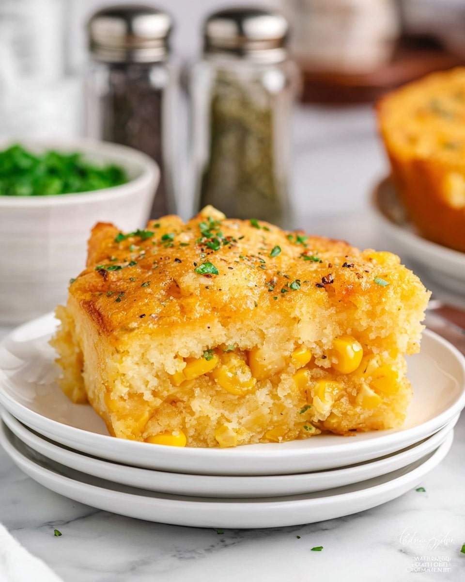 A thick, golden baked corn casserole slice is shown on a white plate, resting on another white plate, placed on a white marbled surface. The casserole has two layers: the top layer is a golden brown crust with a slightly crispy texture, sprinkled with small green herbs and black pepper flakes. The bottom layer is softer and moist with visible yellow corn kernels embedded within its creamy, light orange base. The background is softly blurred, featuring two glass shakers with silver tops and a bowl with green herbs on the left side. photo taken with an iphone --ar 4:5 --v 7