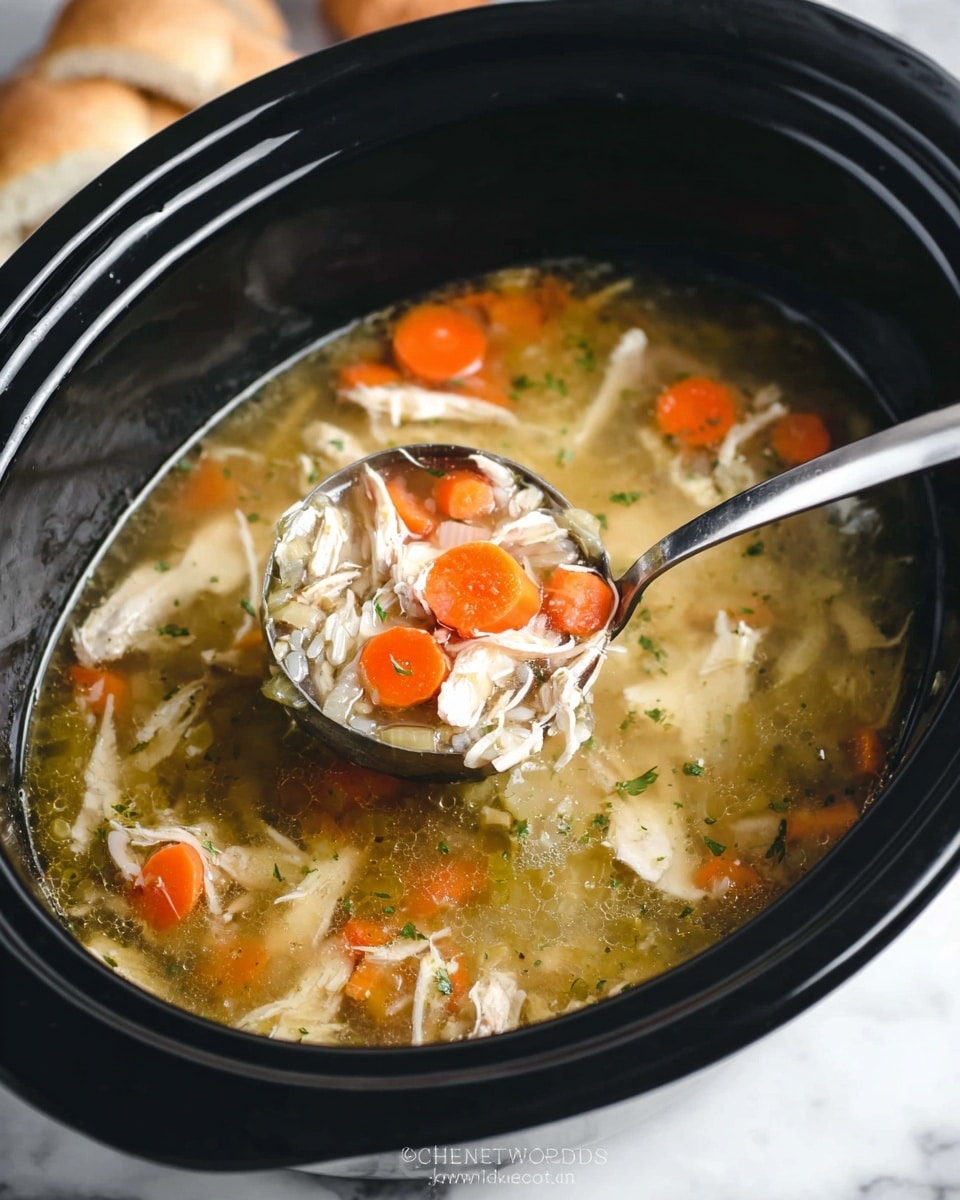 This image shows a close-up of a black crockpot filled with homemade chicken soup, resting on a white marbled surface. The soup has three main layers: the top layer is a clear golden broth with a shiny texture, the middle layer contains bright orange carrot slices and translucent green celery pieces scattered throughout, and the bottom layer has shredded white chicken meat mixed with some small bits of white rice. A silver ladle is scooping up a portion of the soup, showing a mix of chicken, rice, and vegetables inside it. In the background, there are blurred pieces of soft bread. Photo taken with an iphone --ar 4:5 --v 7