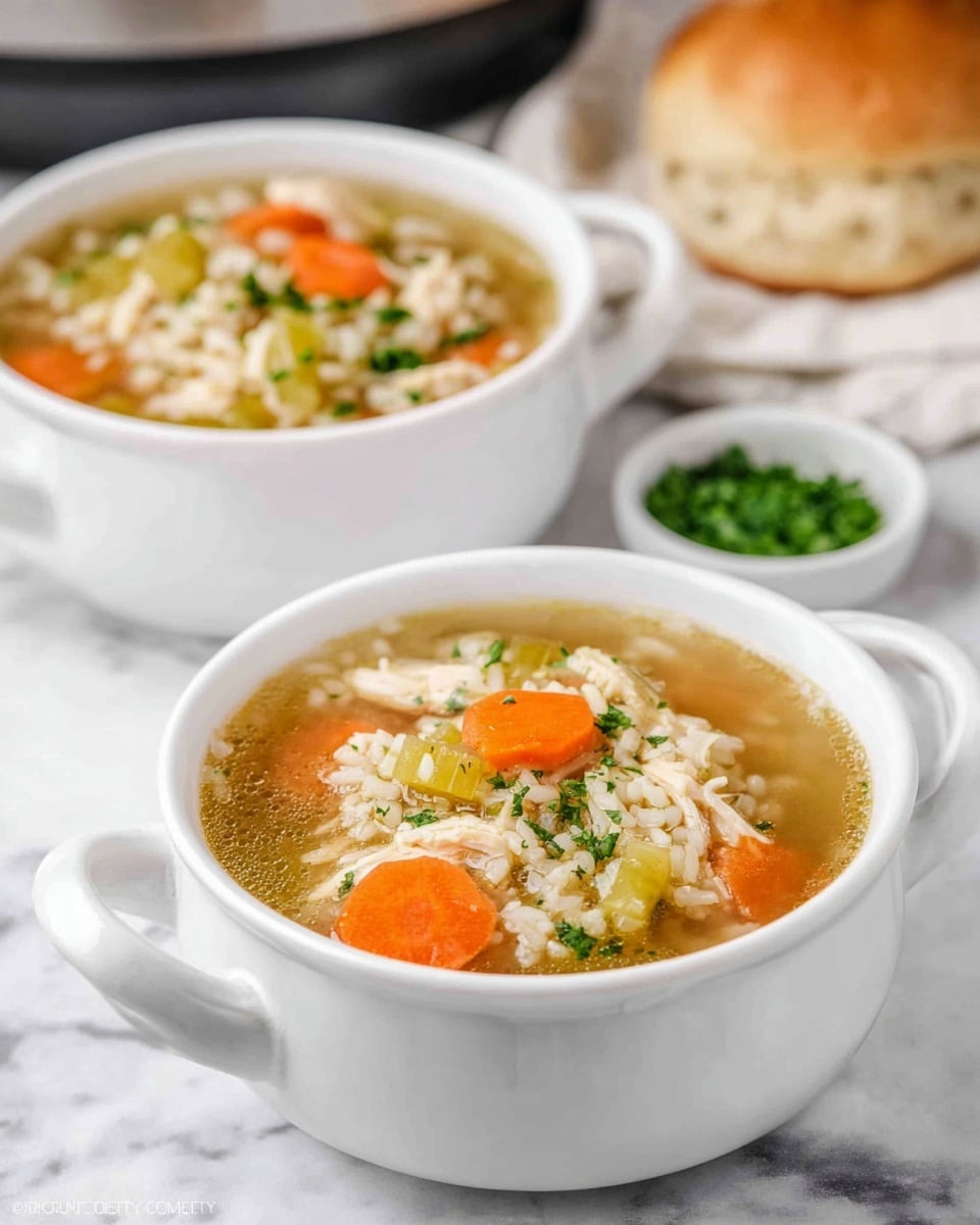 Two white bowls filled with clear chicken broth soup sit on a white marbled surface. The soup has visible layers including chunks of bright orange carrots, pale celery pieces, white cooked rice grains, and shredded light beige chicken strips, all floating in the broth. Each bowl has two handles and shows steam rising lightly. In the background, there is a blurred soft round bread roll on a white cloth and some finely chopped green herbs in a small white bowl. Photo taken with an iphone --ar 4:5 --v 7