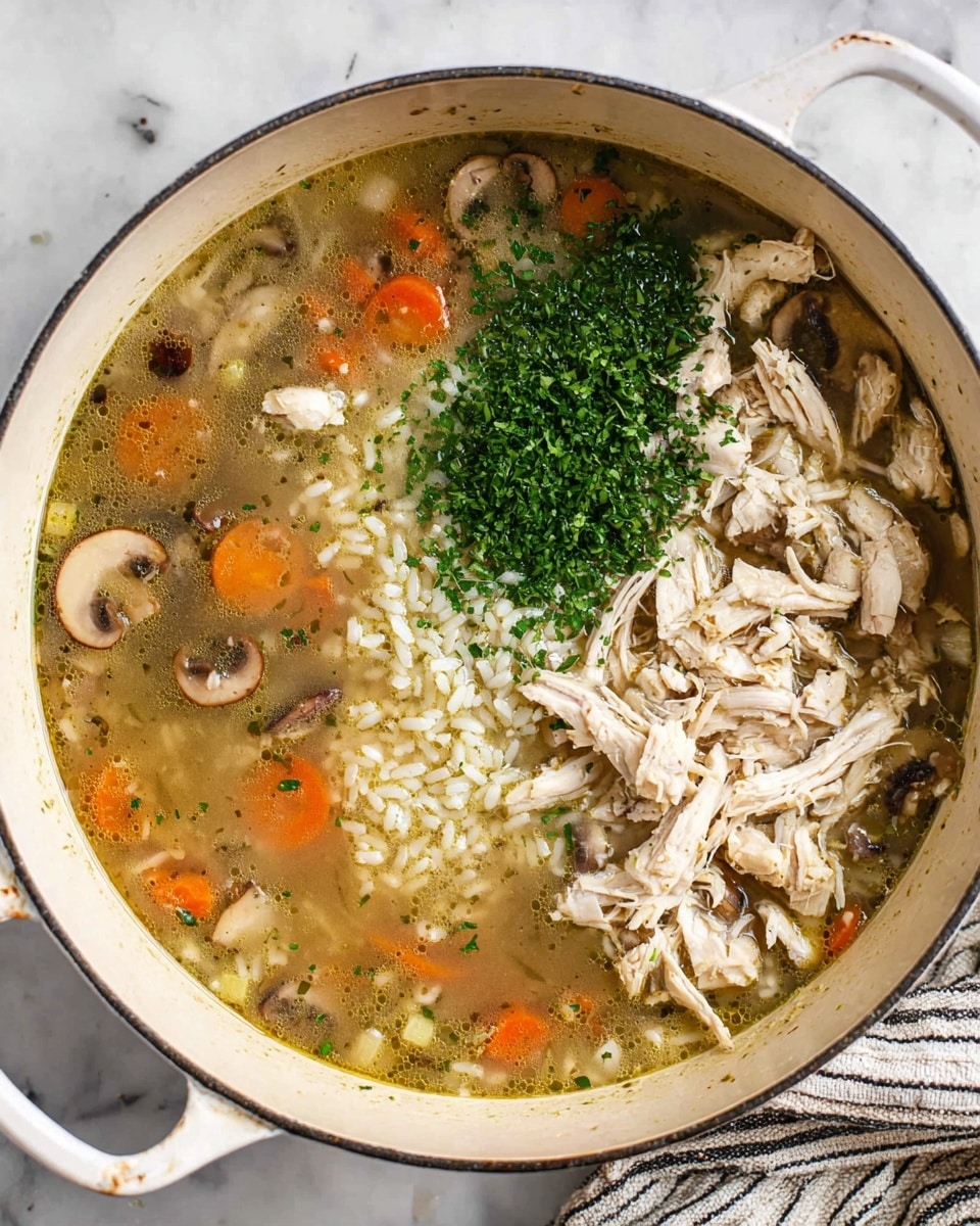A large white pot filled with a chicken soup showing several layers: the base is a light brown broth with small bits of herbs, carrots, celery, onions, and mushrooms floating evenly; over this, there is a heap of white shredded chicken placed mainly on the right side; on the left side, a pile of finely chopped green herbs sits on the surface of the broth, adding a bright contrast; the broth layer also has visible small grains of cooked rice scattered throughout. The pot is on a white marbled surface with a partial view of a striped cloth underneath. Photo taken with an iphone --ar 4:5 --v 7