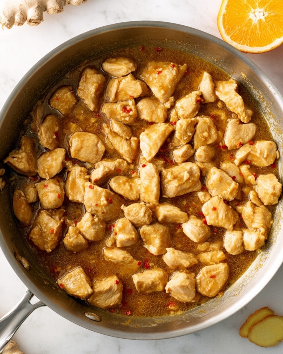 A silver pan filled with small chunks of cooked chicken in light brown sauce with tiny red specks, the chicken pieces are white with a slight golden tint, sitting evenly in the thick sauce covering the bottom and the sides, the pan is on a white marbled surface with a piece of ginger and orange slice nearby, light and natural colors highlight the cooked texture of the chicken photo taken with an iphone --ar 4:5 --v 7
