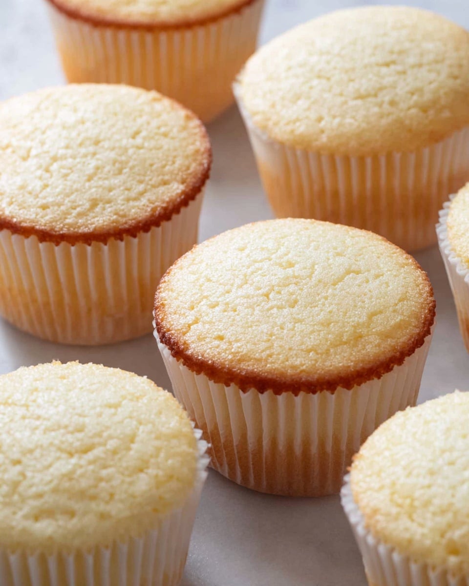 A close-up view of several plain vanilla cupcakes without frosting, showing a single layer of soft, light golden cake with a slightly rough texture on top and a uniform pale yellow color through the sides. The cupcakes are wrapped in white paper liners with vertical ridges around their edge. They are arranged on a white marbled surface, slightly overlapping one another in a casual pattern. The lighting highlights the soft crumb and the warm tones of the cake edges. photo taken with an iphone --ar 4:5 --v 7