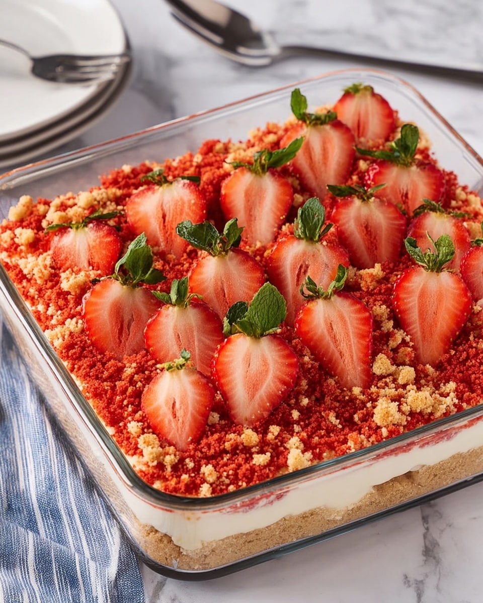 A dessert is shown in a clear glass square dish with three visible layers: the bottom layer is creamy white, the middle is a crumbly light beige crust, and the top layer is a bright red crushed crumb topping. On top of this crumb layer, there are fresh strawberry halves arranged in rows, each strawberry showing the red outer side and white inner flesh with green leaves still attached. The dish sits on a white marbled surface with part of a blue and white striped cloth to the side and a fork nearby. Photo taken with an iphone --ar 4:5 --v 7