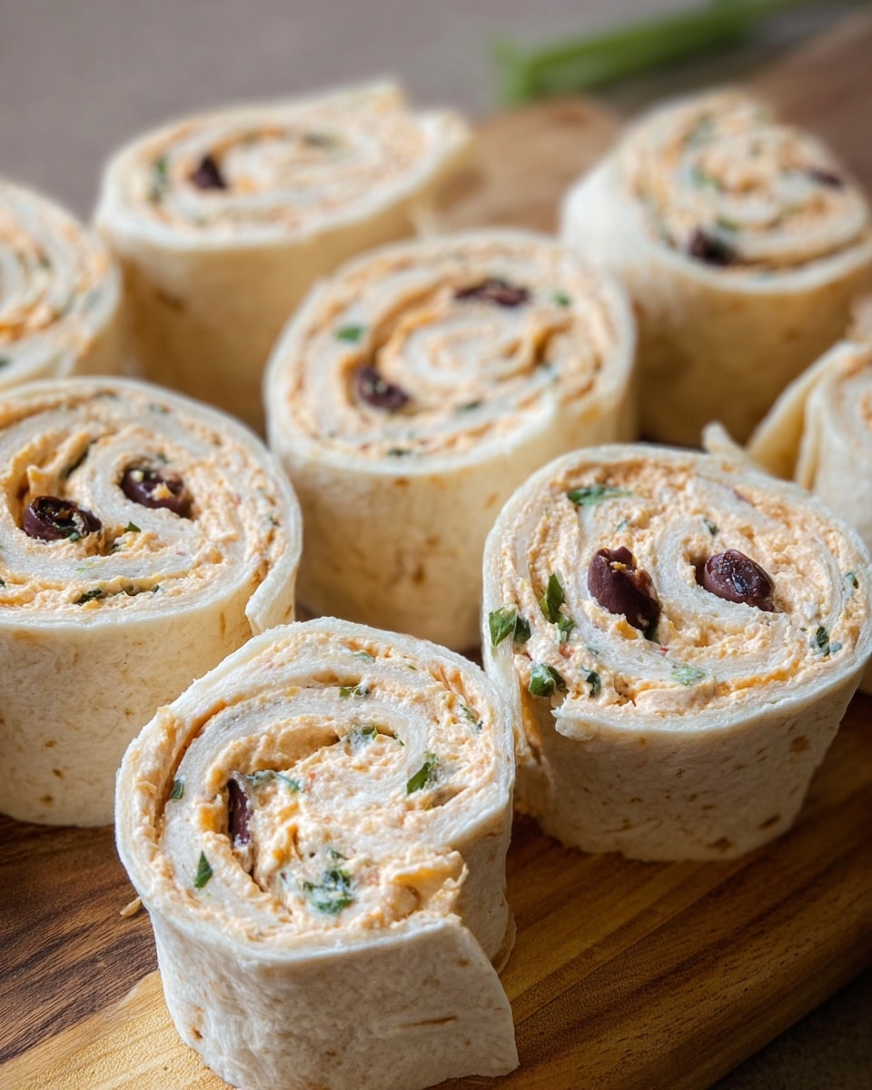 The image shows several rolled tortilla pinwheels placed on a wooden board. Each pinwheel has about three layers: the outer soft white tortilla wrap, a creamy light orange filling mixed with small green herb pieces, and scattered small dark olive slices embedded within the filling. The texture of the filling looks smooth with bits of color from the herbs and olives. The pinwheels are cut into thick, round slices about two inches high, arranged closely together. The photo has soft natural light and is focused on the middle pinwheels, showing the detail in the spiral layers. Photo taken with an iphone --ar 4:5 --v 7