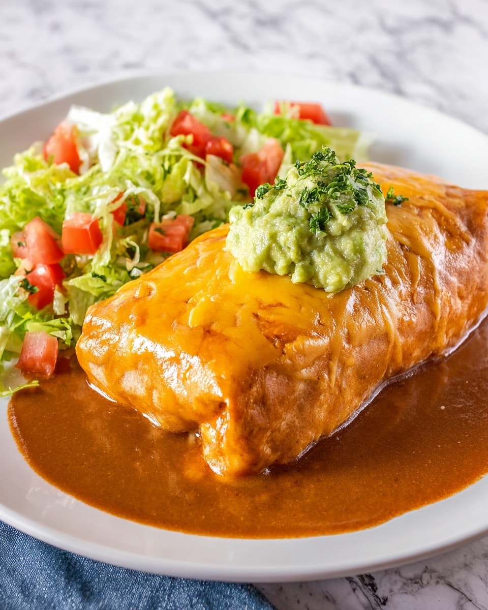 A large, tightly wrapped burrito covered with melted orange cheese sauce sits in the center of a white plate. The burrito is smothered in smooth, rich brown sauce that pools around its base. On top, a generous dollop of chunky, pale green guacamole adds texture. To the side, chopped fresh green lettuce and bright red tomato pieces create a fresh, colorful contrast. The plate rests on a white marbled texture surface. photo taken with an iphone --ar 4:5 --v 7