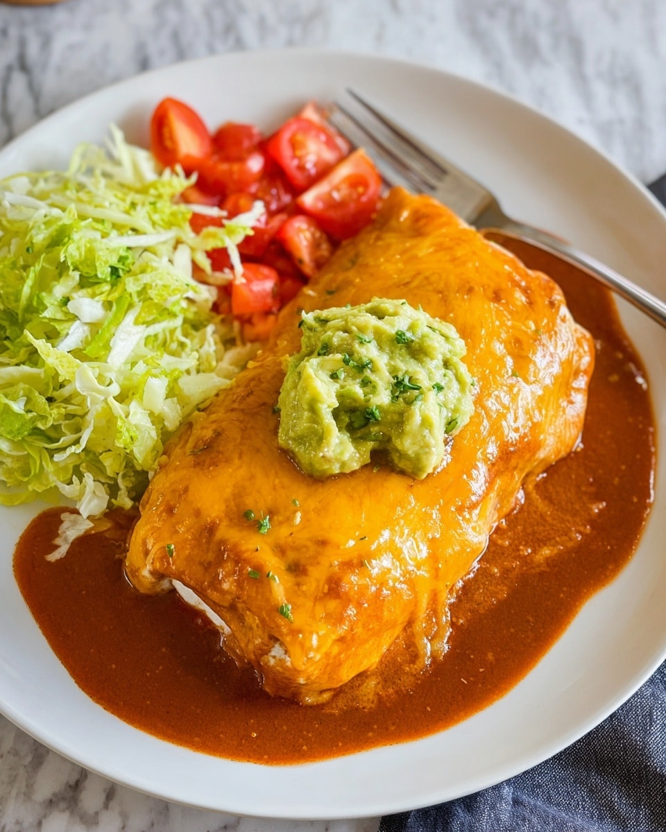 A large burrito covered in melted orange cheese sauce sits on a white plate, with a thick, smooth reddish-brown sauce spread under and around it. On top of the burrito, there is a light green chunky dollop of guacamole. To the side, shredded bright green lettuce and halved red cherry tomatoes are placed neatly. The plate is on a white marbled surface, and a silver fork is visible near the plate. photo taken with an iphone --ar 4:5 --v 7