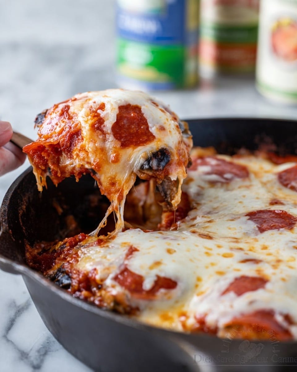 A close-up view of a large black skillet filled with a layered dish topped with melted, bubbly mozzarella cheese that is golden brown in spots. Beneath the cheese, there is a layer of reddish tomato sauce mixed with slices of reddish-brown pepperoni and some darker bits that could be olives or mushrooms. A woman's hand is lifting a portion from the skillet, showing gooey, stretchy cheese climbing up. The background shows some blurred cans on a white marbled surface giving a home kitchen feel. photo taken with an iphone --ar 4:5 --v 7