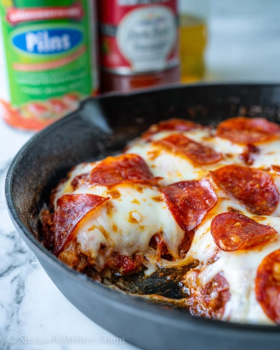 A close-up of a black skillet filled with layers of melted cheese that is golden brown in spots, topped with slices of reddish-orange pepperoni, sitting on a white marbled surface; beneath the cheese and pepperoni, there are visible layers of thick red tomato sauce and browned cooked meat forming the base layer, with the skillet showing some oil and juices around the edges; blurred canned tomato and sauce containers are in the background. photo taken with an iphone --ar 4:5 --v 7