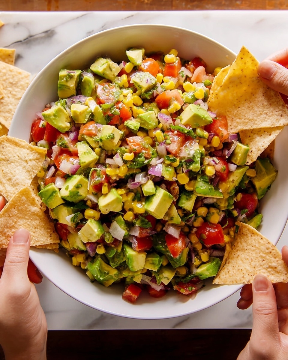 A white bowl filled with a colorful salad made of multiple diced layers: green avocado chunks, red tomato pieces, yellow corn kernels, purple onion bits, and green herbs mixed throughout. Two woman's hands hold beige tortilla chips, one on each side of the bowl, ready to scoop the salad. The bowl sits on a white marbled surface. photo taken with an iphone --ar 4:5 --v 7