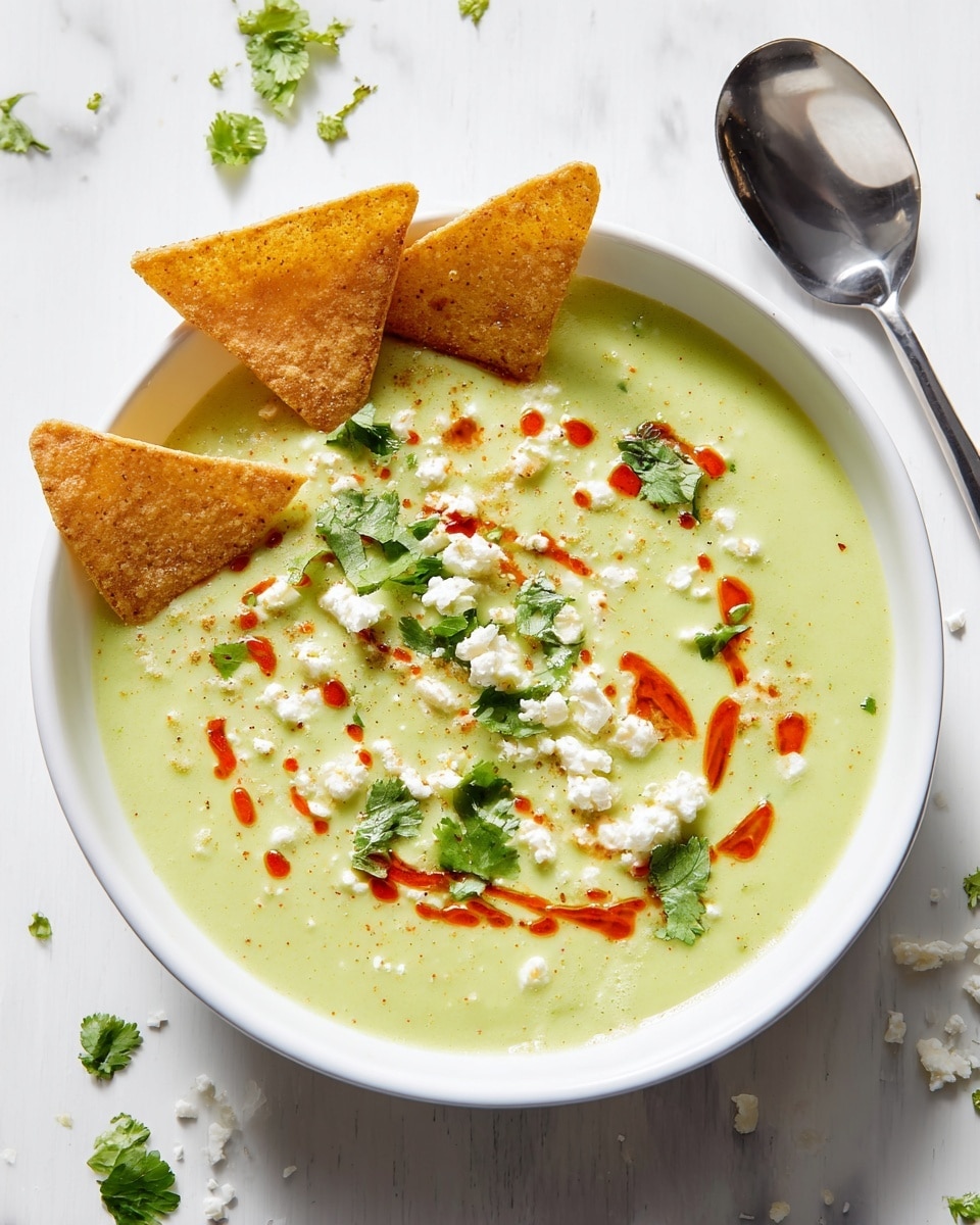 A white bowl filled with a creamy light green soup as the base layer, topped with three golden brown triangular tortilla chips placed on the left side partially dipped into the soup. The surface of the soup is decorated with small drops and swirls of bright red sauce, scattered white crumbly cheese, and fresh green cilantro leaves spread unevenly. The bowl sits on a white marbled texture surface with scattered small bits of cilantro around it. A shiny metal spoon is placed on the top right corner of the image. photo taken with an iphone --ar 4:5 --v 7