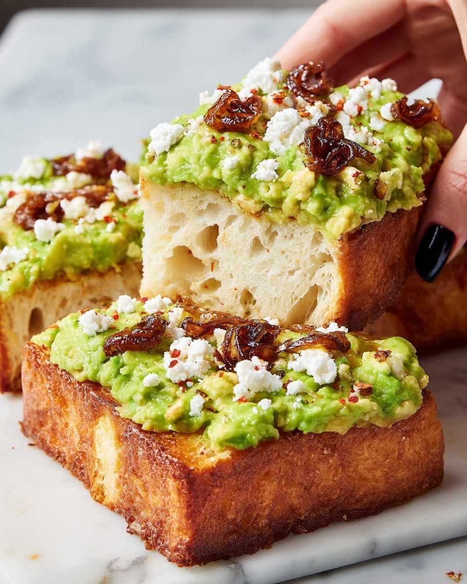 The image shows a thick square piece of golden-brown bread with a soft, airy white inside. On top, there is a thick green layer of mashed avocado spread evenly, sprinkled with small white crumbles that have a hint of red seasoning, and topped with some dark brown caramelized onions arranged in small clusters. A woman's hand with black nail polish is lifting one slice from the white marbled surface below. The bread looks soft yet slightly crispy on the edges, and the toppings are fresh and vibrant in color. Photo taken with an iphone --ar 4:5 --v 7