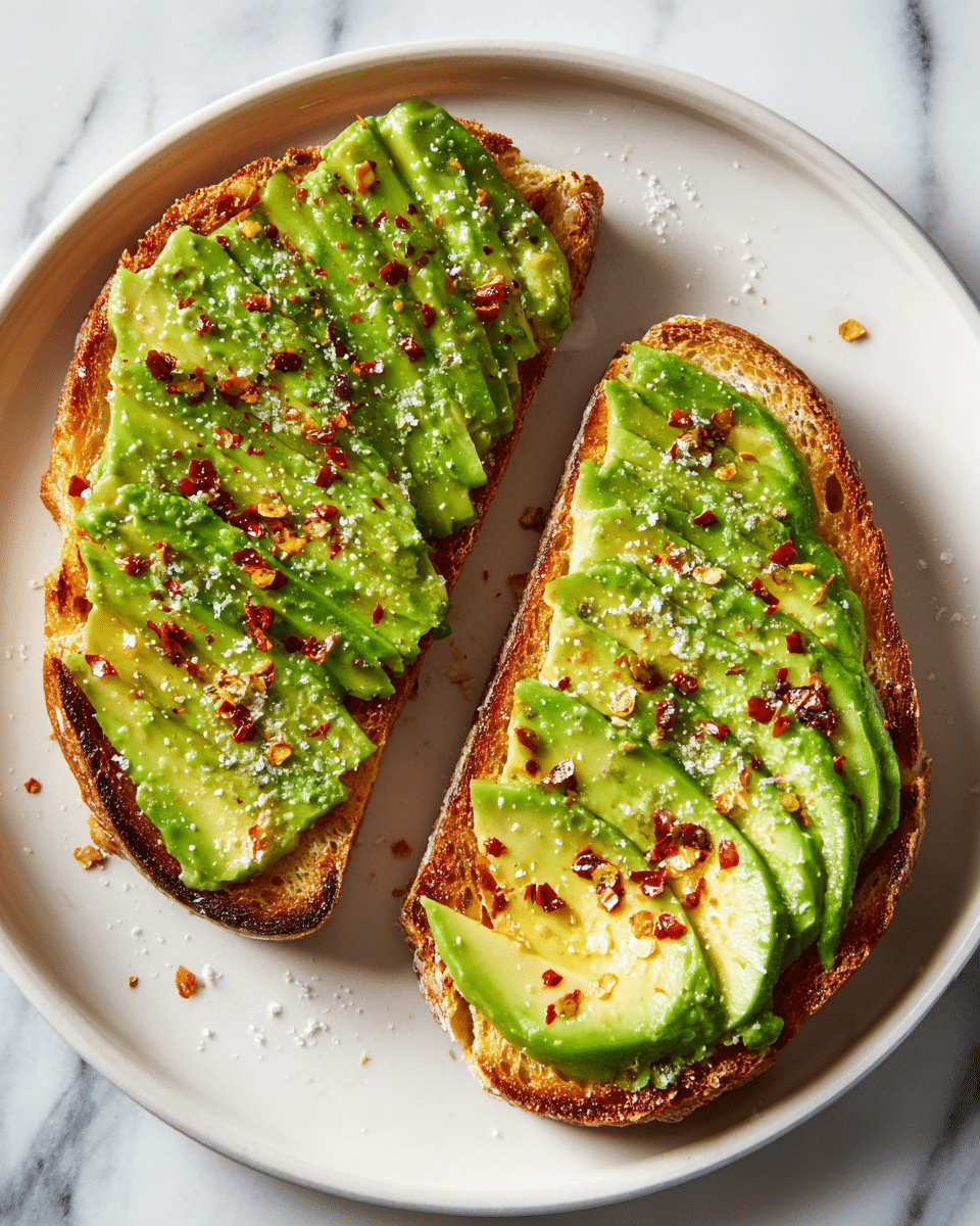 Two slices of toasted bread sit side by side on a round white plate, placed on a white marbled surface. Each slice is topped with a thick layer of avocado, neatly spread and sliced to show light and dark green shades with a creamy texture. Red chili flakes and coarse salt are sprinkled over the avocado, adding tiny spots of red and white that contrast with the green and golden brown toast. The toasts have a crispy, slightly browned edge with soft centers visible under the avocado layer. Photo taken with an iphone --ar 4:5 --v 7