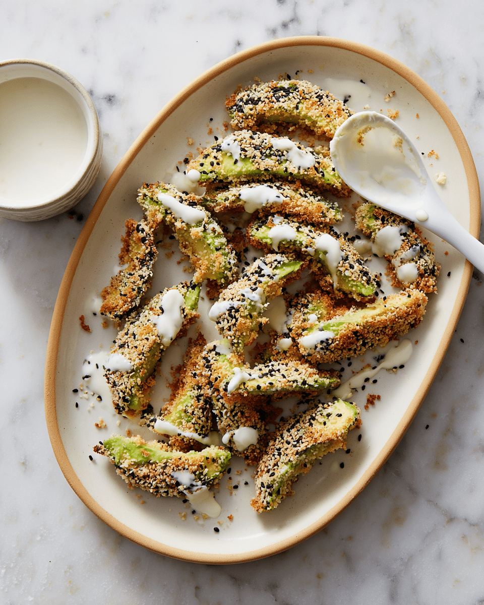 On a white oval plate with a beige rim, there are about fifteen crispy breaded avocado slices arranged in a scattered way, showing a crunchy texture mixed with black and white sesame seeds and breadcrumbs on the outside, and green creamy avocado on the inside. Some slices are drizzled with a smooth white sauce that adds contrast. On the white marbled surface nearby, there is a white bowl with more white sauce and a white spoon with some sauce spilled beside it. The photo taken with an iphone --ar 4:5 --v 7