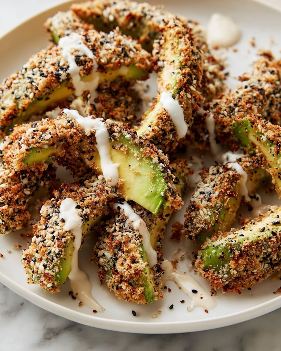 The image shows a white plate filled with crispy avocado slices coated in a crunchy breading mixed with black and white sesame seeds and spices, giving them a speckled look with black, brown, and green colors. The avocado slices are arranged randomly with the bright green soft inside of the avocado visible on one piece that is bitten. A creamy white sauce is drizzled lightly over the avocado fries, adding contrast to the textured coating. The plate rests on a white marbled surface. photo taken with an iphone --ar 4:5 --v 7