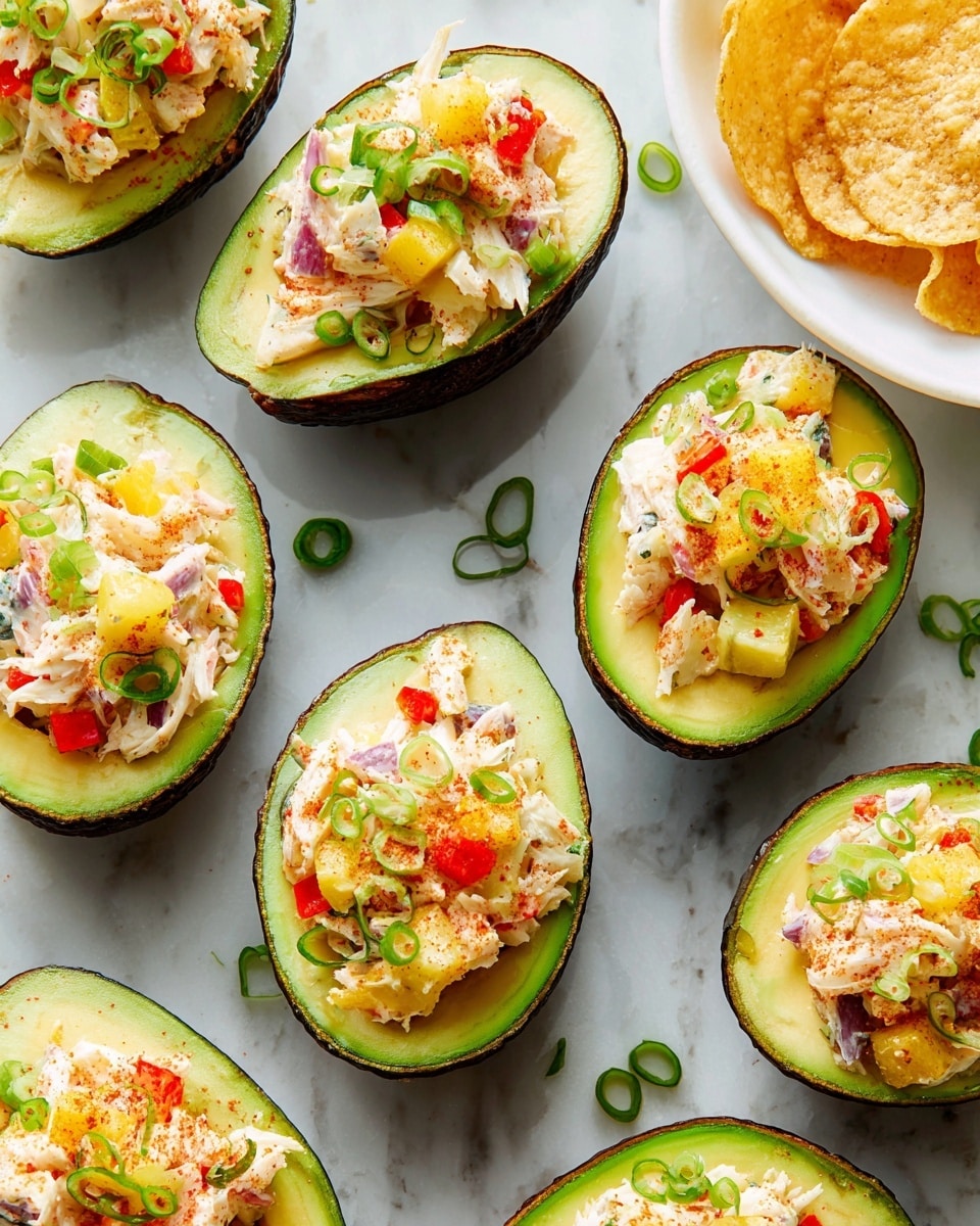 The image shows several avocado halves arranged neatly on a white marbled surface. Each avocado half is filled with a colorful, chunky mixture consisting of white crab meat, bright yellow pineapple pieces, and red bell pepper chunks. The filling has a creamy texture and is generously sprinkled with thin slices of green onion and a light dusting of red seasoning on top. The outer skin of the avocados is dark with a rough texture, while the inner flesh is a smooth, pale green, creating a fresh and vibrant contrast. In the upper right corner, a white plate holds some round, golden snack chips. Photo taken with an iphone --ar 4:5 --v 7