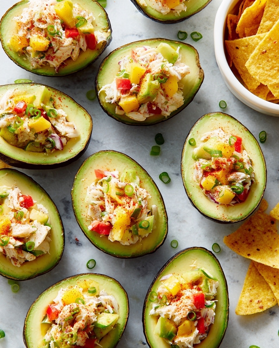 The image shows eight avocado halves arranged on a white marbled surface, each filled with a colorful crab salad. The avocado layers include the dark green, thin outer skin, and a thick, smooth, light green inner flesh forming the base. The filling has chunks of white crab meat mixed with bright yellow mango pieces, red bell pepper squares, and green sliced scallions, with a light creamy texture, all sprinkled with a reddish spice on top. To the upper right corner, there is a white round bowl with yellow tortilla chips, adding extra texture and color contrast. The overall look is fresh, vibrant, and neatly arranged, with some scattered scallion slices on the marbled surface for decoration. photo taken with an iphone --ar 4:5 --v 7