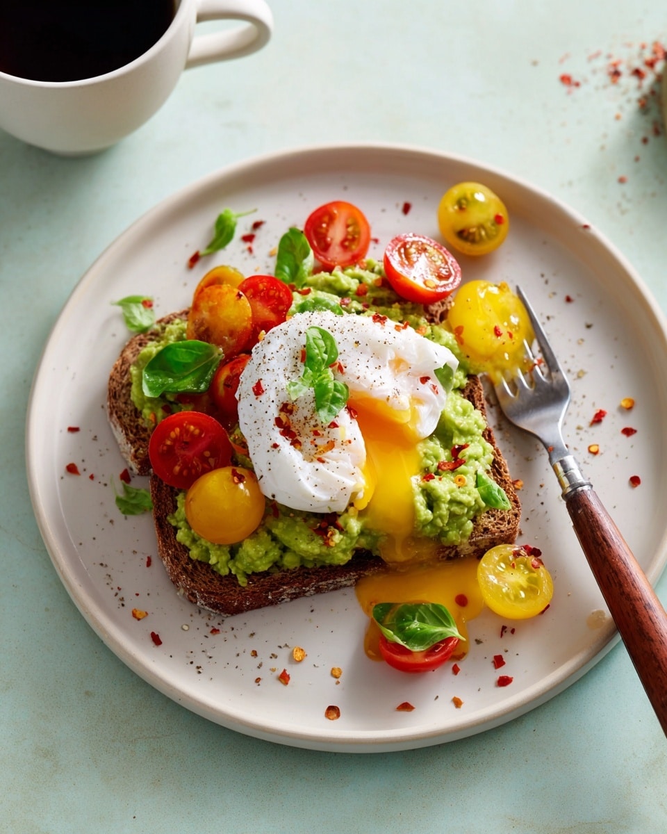 A single slice of toasted brown bread at the base is topped with a thick layer of chunky green avocado spread. On top sits a perfectly poached white egg with its yolk broken, allowing rich yellow yolk to flow down onto the avocado and plate. Halved red and yellow cherry tomatoes along with small green basil leaves are scattered over the toast and plate, adding vibrant pops of color. Red chili flakes are lightly sprinkled over everything. A silver fork with a wooden handle rests on the edge of the white plate, which sits on a white marbled textured surface. A white cup filled with black coffee is partially visible nearby. Photo taken with an iphone --ar 4:5 --v 7