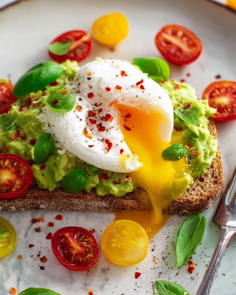 A slice of whole grain toast sits on a white plate with a white marbled background, topped with a thick layer of chunky green avocado mash spread unevenly across the surface. On top of the avocado is a poached egg with a runny yolk spilling out onto the plate, sprinkled with small red chili flakes. Bright red and yellow cherry tomato halves are scattered around the avocado and egg, along with fresh green basil leaves of different sizes placed for decoration. The colors are vibrant, with the white egg contrasting against the rich greens and reds, and a silver fork is partially visible near the plate. Photo taken with an iphone --ar 4:5 --v 7