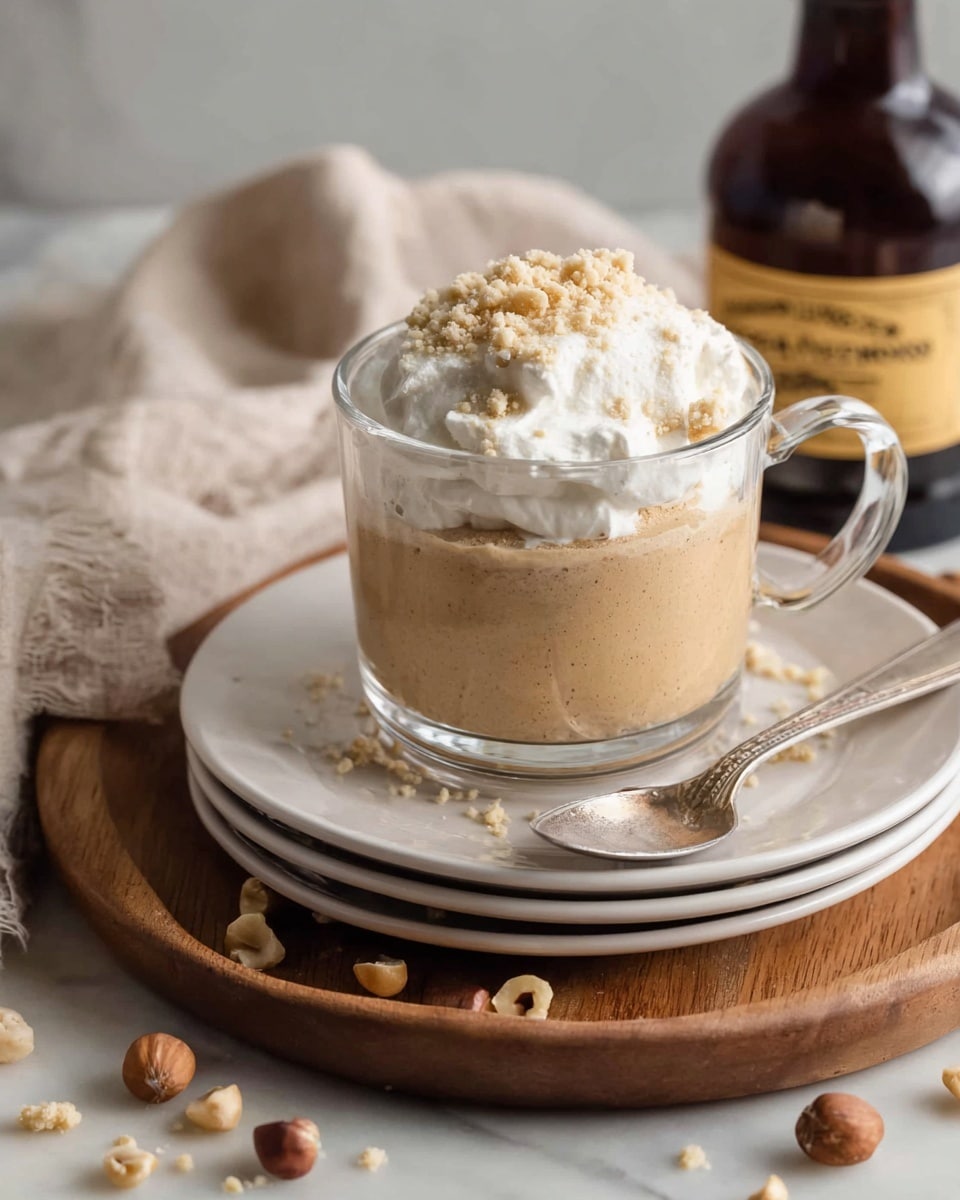 The image shows a clear glass cup filled with a two-layer dessert. The bottom layer is a thick, smooth, light brown pumpkin mousse, topped with a fluffy, white whipped cream layer sprinkled with chopped nuts. The cup is placed on a stack of three white plates, with some whole and chopped nuts scattered around the plates and on a carved wooden round board beneath. To the left of the dessert is an ornate silver teaspoon, and in the background, there is a dark brown bottle with a label and a beige cloth draped softly. The scene is set against a white marbled surface. Photo taken with an iphone --ar 4:5 --v 7