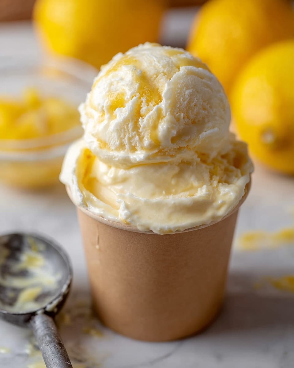 A close-up view of a single scoop of creamy lemon ice cream with smooth pale yellow and white swirls, sitting on top of a larger layer of the same ice cream inside a light brown paper cup. The texture looks soft, creamy, and slightly melting around the edges. In the blurred background, there are two whole bright yellow lemons and a glass bowl with yellow contents. A metal ice cream scoop with some residue lies partially visible in the lower left corner, all on a white marbled surface. photo taken with an iphone --ar 4:5 --v 7