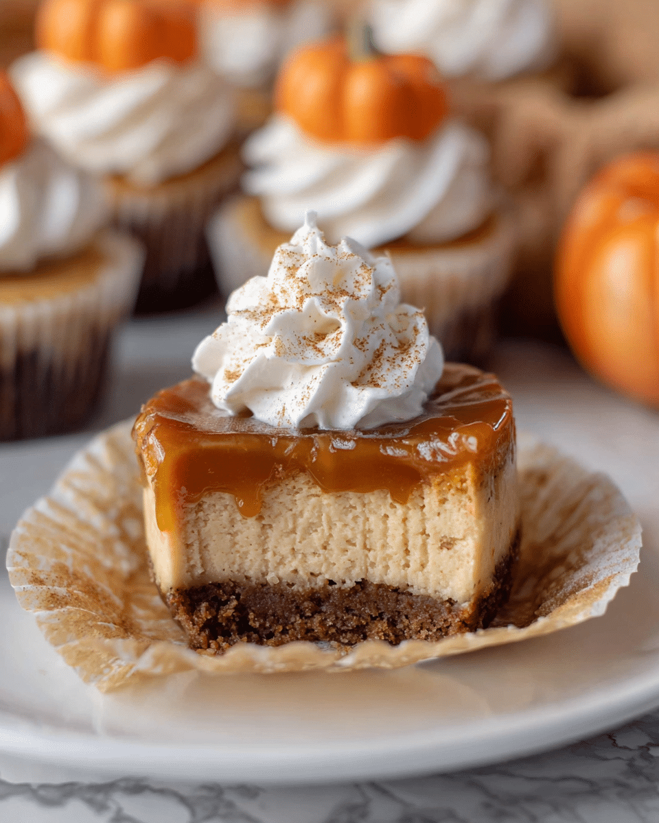 The image shows a close-up of a pumpkin tart with three visible layers: a light golden crust at the base with a slightly rough texture, a smooth dark caramel layer on top of the crust, and a white whipped cream rosette placed in the center of the caramel layer sprinkled with a light brown spice, probably cinnamon. The tart is in a beige paper liner with fluted edges, sitting on a checkered wooden board with other similar tarts blurred in the background, and small bright orange pumpkins to the left, all on a white marbled surface. photo taken with an iphone --ar 4:5 --v 7