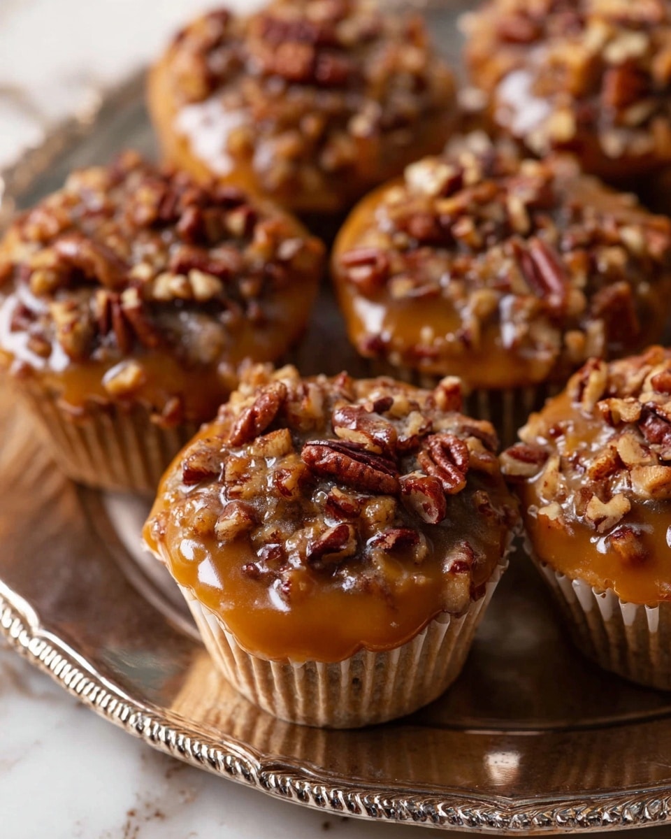 The image shows a close-up of several small cupcakes arranged closely on a shiny silver tray with a detailed border. Each cupcake has a pale brown base wrapped in a light paper liner. On top, there is a thick, glossy layer of caramel-colored glaze, smothered with a generous amount of large, dark brown pecan nut pieces that add a rough and crunchy texture. The overall look of the cupcakes is rich and nutty, and the photo is taken on a white marbled background. Photo taken with an iphone --ar 4:5 --v 7