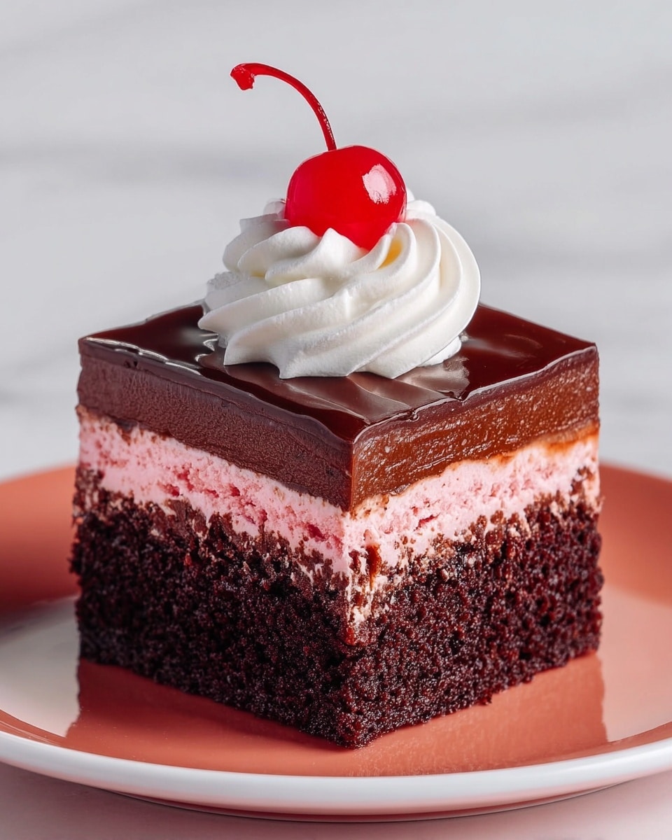 The image shows a square piece of chocolate cake with four clear layers: the bottom layer is a dark, moist chocolate sponge; above it is a bright pink creamy layer; next is a thin, smooth chocolate glaze; and on top there is a swirl of white whipped cream with a shiny red cherry placed in the center. The cake sits on a round white plate with a shiny finish, and the background has a white marbled texture. Photo taken with an iphone --ar 4:5 --v 7