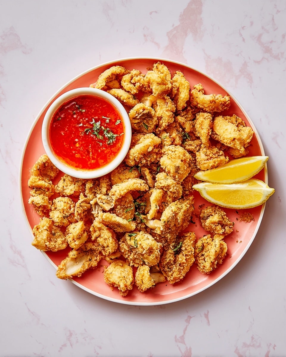 A round white plate full of golden-brown fried mushrooms, with varying shapes and textures showing the crisp coating and soft mushroom inside. On the top left edge of the plate, a small white bowl holds bright red dipping sauce topped with a sprinkle of green herbs, and at the bottom center of the plate, two fresh lemon wedges with bright yellow color and juicy texture rest side by side. The background is a white marbled surface that adds a clean and light feel to the setup. photo taken with an iphone --ar 4:5 --v 7