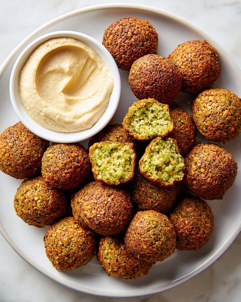 A white plate holds about 16 round falafel balls with a crispy, golden-brown textured outer layer; two of the falafels are broken open to show a soft, light green inside with a coarse texture. On the top left of the plate is a small white bowl filled with creamy beige hummus, in which one falafel ball is partially dipped. The plate is set on a white marbled surface. photo taken with an iphone --ar 4:5 --v 7