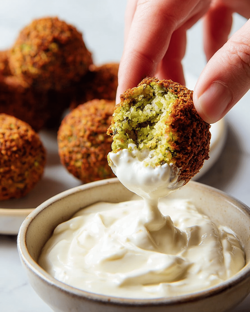 A close-up shows a woman's hand holding a crispy falafel ball with a golden-brown outer layer and a green, crumbly inside filled with herbs. The falafel is dipped into a thick, creamy white sauce in a white bowl, with smooth texture and slight peaks. In the background, more falafel balls are arranged on a white marbled surface. Photo taken with an iphone --ar 4:5 --v 7
