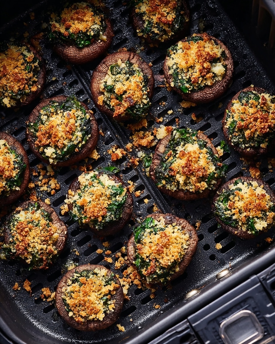 The image shows a black air fryer basket filled with round, dark brown stuffed mushrooms neatly arranged side by side. Each mushroom is filled with a green spinach mixture topped with a crumbled, golden-brown breadcrumb layer that looks crispy. Some bits of green filling and breadcrumbs are scattered around the mushrooms within the basket. The air fryer basket has a textured surface with slotted holes and a metal handle on the right side. The photo is taken from above, focusing closely on the mushrooms and their textured stuffing. photo taken with an iphone --ar 4:5 --v 7