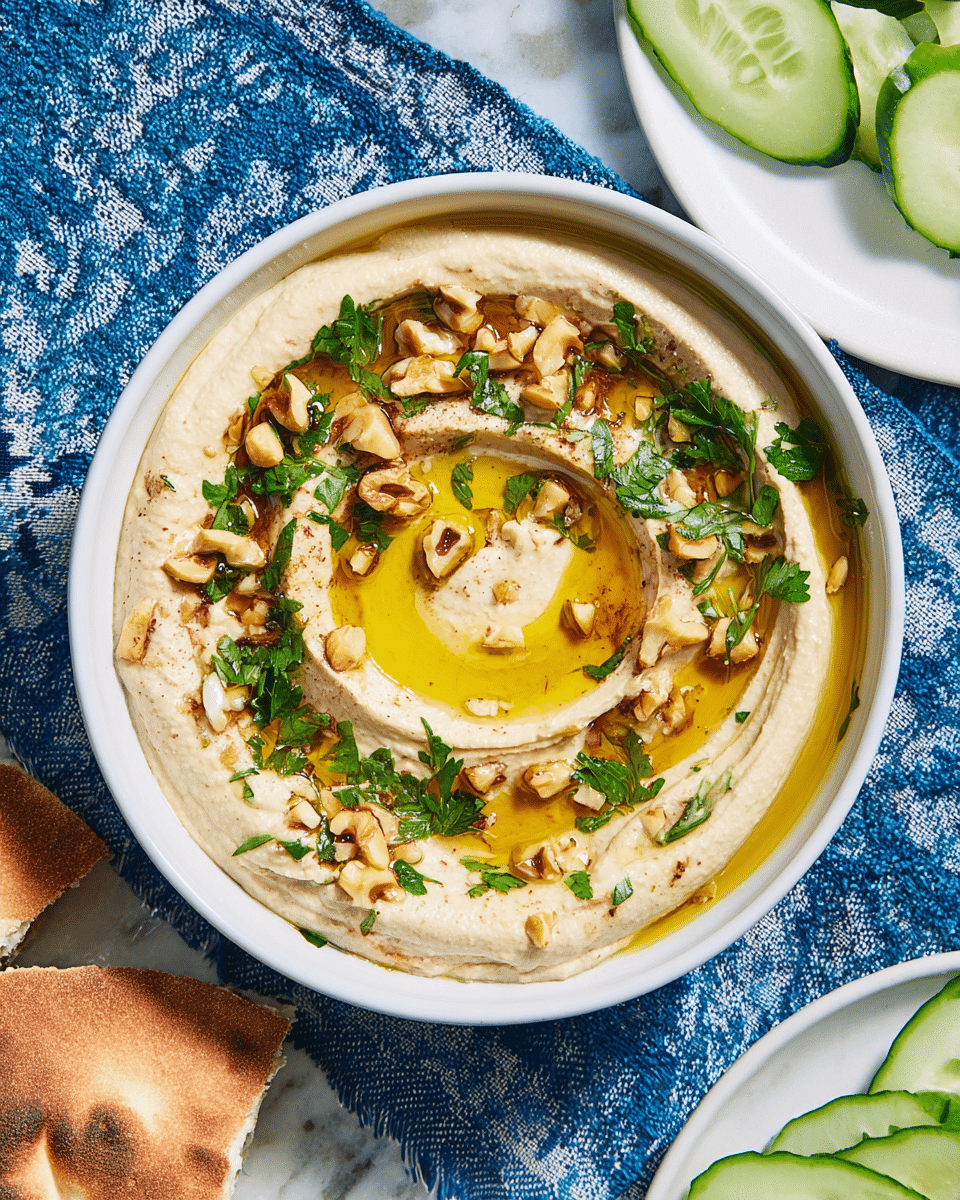 A white bowl filled with a swirl of creamy beige hummus topped with a generous pool of golden olive oil sitting in the center. Scattered on top are small chunks of light brown toasted nuts and chopped fresh green parsley. The bowl is placed on a blue and white patterned cloth over a white marbled surface. Part of a pita bread and a white plate with green cucumber slices are partially visible around the bowl. Photo taken with an iphone --ar 4:5 --v 7