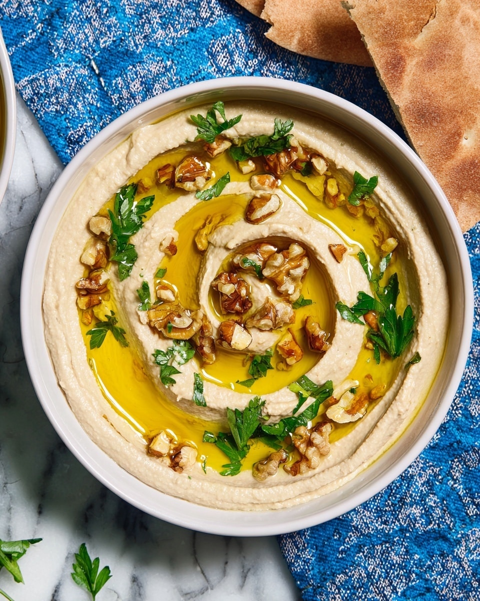 A white bowl holds a creamy, pale beige hummus spread in a spiral pattern, topped with a generous swirl of golden olive oil that pools in the center. Scattered across the surface are small pieces of chopped walnuts and fresh green parsley leaves, adding texture and color contrast. The bowl sits on a white marbled surface with a blue and white patterned cloth nearby, and part of a pita bread is visible on the side. Photo taken with an iphone --ar 4:5 --v 7