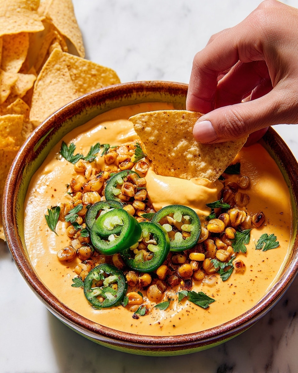 A close-up view of a bowl filled with creamy, smooth orange cheese dip as the base layer, topped with golden-brown roasted corn kernels scattered on top, and thin slices of bright green jalapeño peppers arranged over the corn. Fresh green parsley leaves are spread lightly over all, adding a pop of color. A woman's hand is seen dipping a triangular, lightly toasted tortilla chip into the cheese dip. The bowl is rustic with earth-tone brown edges, sitting on a white marbled surface. Photo taken with an iphone --ar 4:5 --v 7