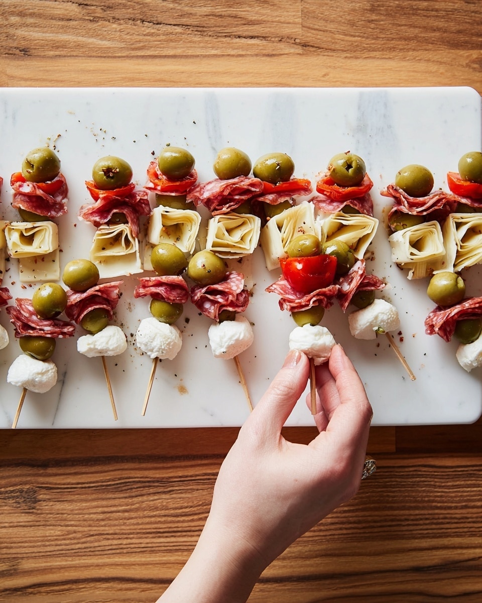 A white rectangular board holds multiple rows of small skewers, each with four layers: a green olive on top, followed by a folded artichoke heart in a pale yellow color, a bright red roasted pepper slice, a few thinly folded slices of pink salami, and a round white ball of seasoned cheese at the bottom. A woman's hand is reaching to pick up one of the skewers at the bottom right, with the wooden table beneath the board replaced by a white marbled texture. Photo taken with an iphone --ar 4:5 --v 7
