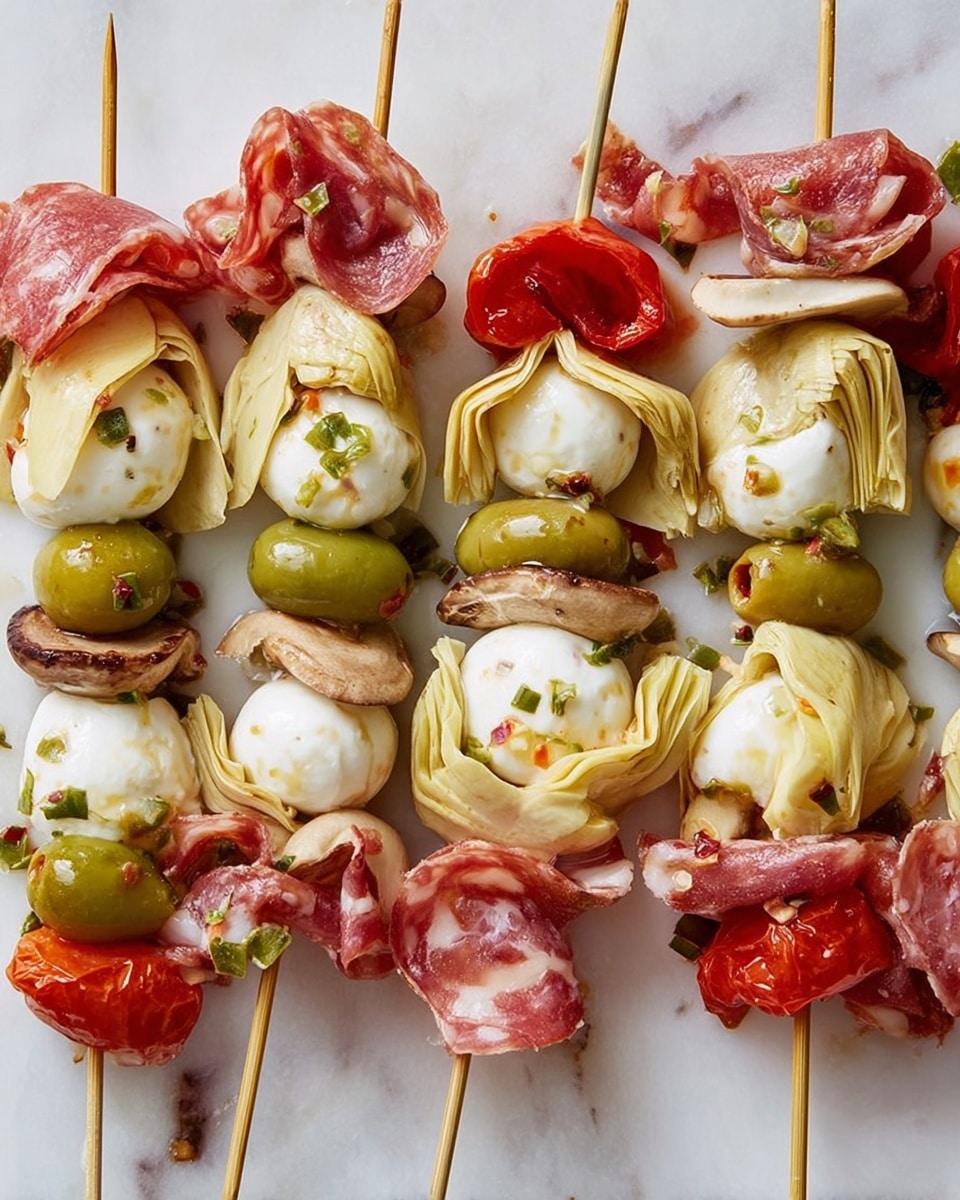 The image shows several skewers laid flat on a white marbled surface. Each skewer has five main layers starting from the bottom with a shiny green olive, followed by pale yellow artichoke hearts with a soft and folded texture. Next comes a light brown grilled mushroom slice with a slightly wrinkled look. Above that is a thin slice of red roasted pepper with a glossy finish, and then a few folded pieces of pinkish-red salami with white fat marbling. The top layer is a round, white ball of fresh mozzarella cheese seasoned with small green and red specks. The skewers are arranged close together, filling the frame in a neat, repeating pattern. Photo taken with an iphone --ar 4:5 --v 7